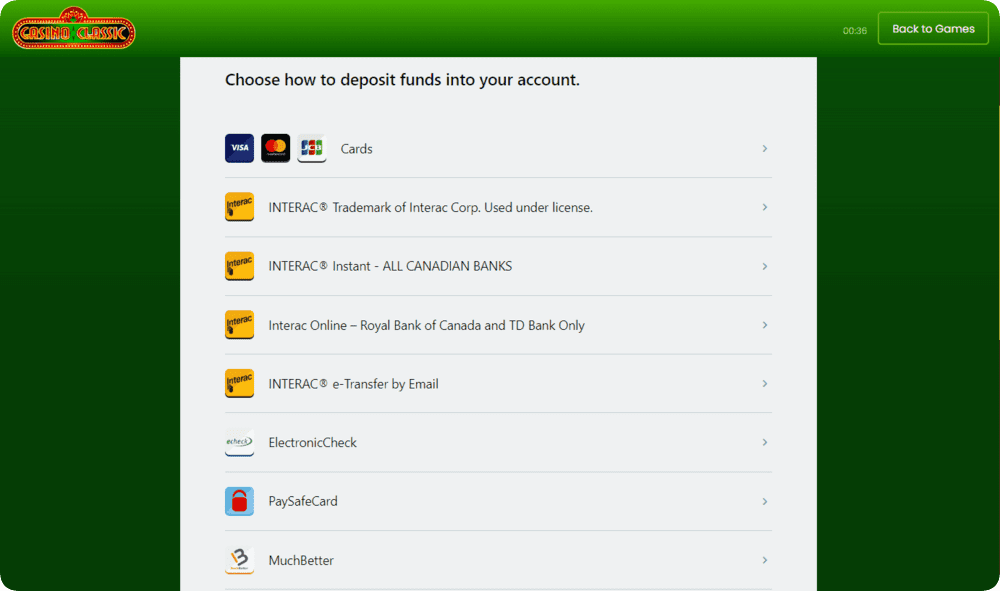 Casino Classic Banking options