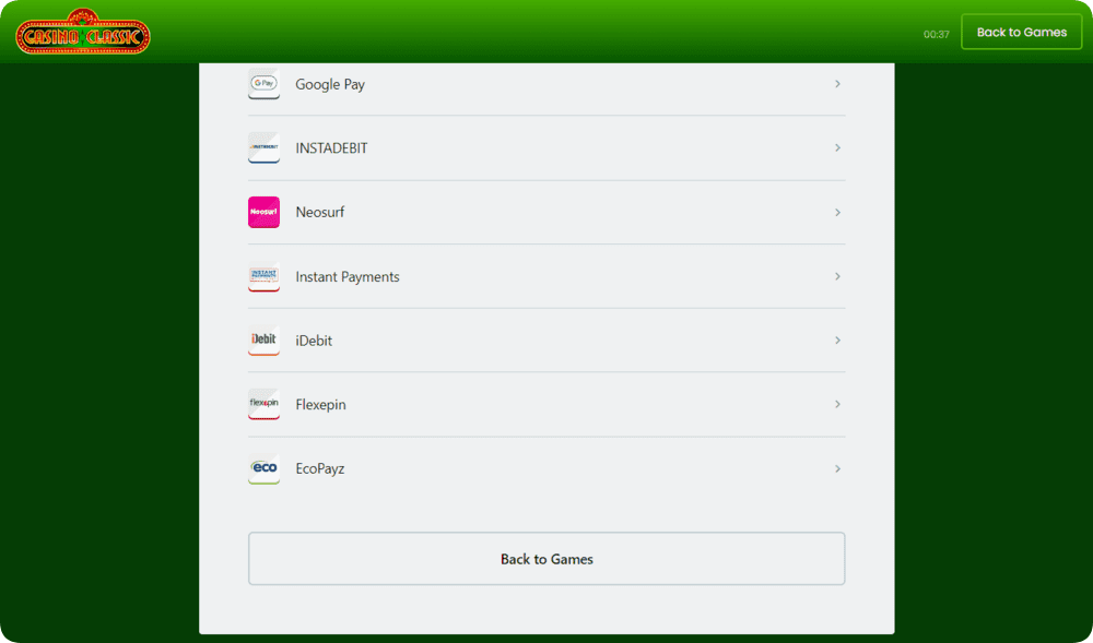 Casino Classic Deposit options