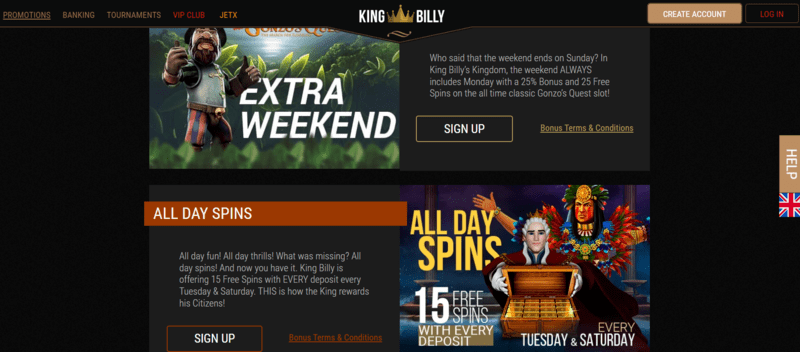 King Billy Casino weekend Bonus